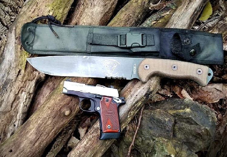 RTAK field knife, sheath, and pistol.