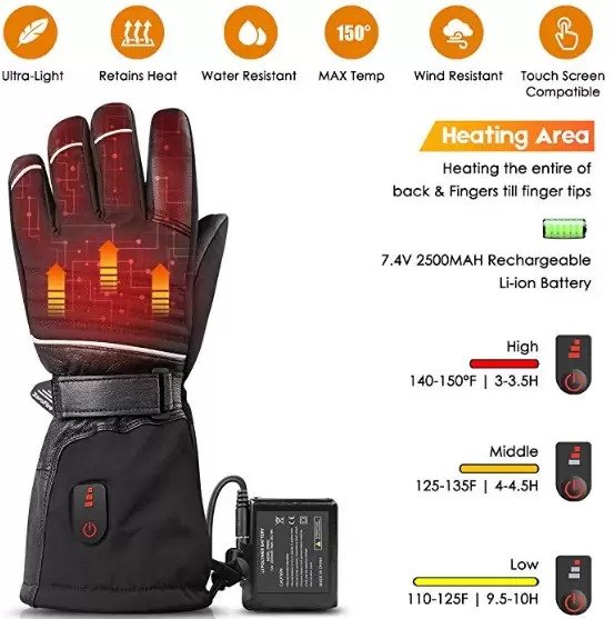 Picture Of ZEROFIRE heated gloves, detailing the gloves battery life, its breathability, and describing what the glove can do.